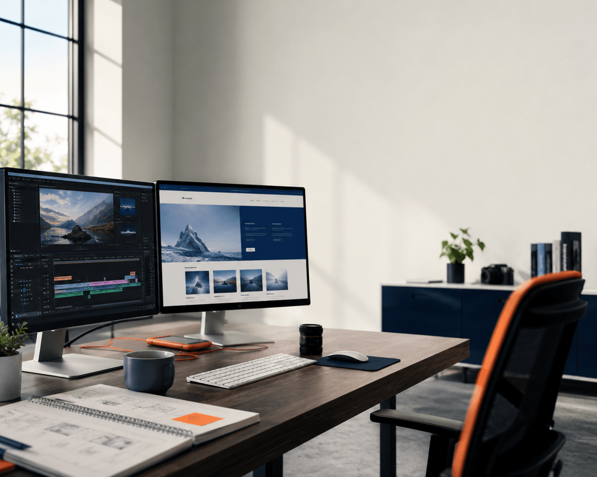 A studio desk with two monitors — one showing a video editing timeline, one showing a website layout — beside a notebook of wireframe sketches, a camera lens and a keyboard, lit by daylight from a tall window.